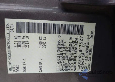 2012 Nissan Maxima 3.5 Sv from USA, damaged, VIN 1N4AA5AP6CC847527